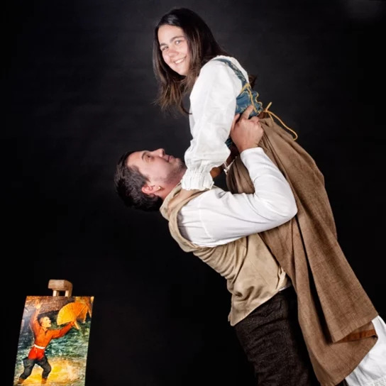 photos in period costumes, rising from the ground,